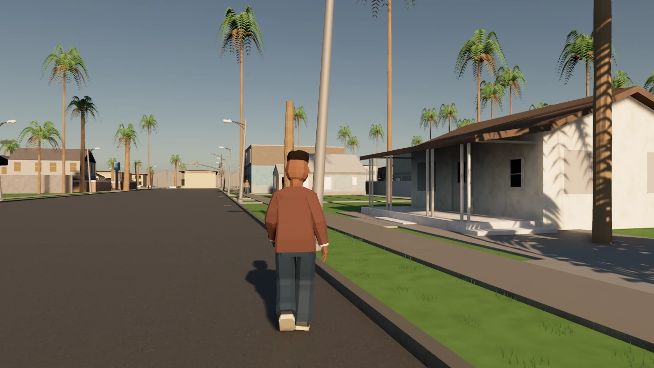Angular South Central resident walking a palm-lined neighborhood street in the development build